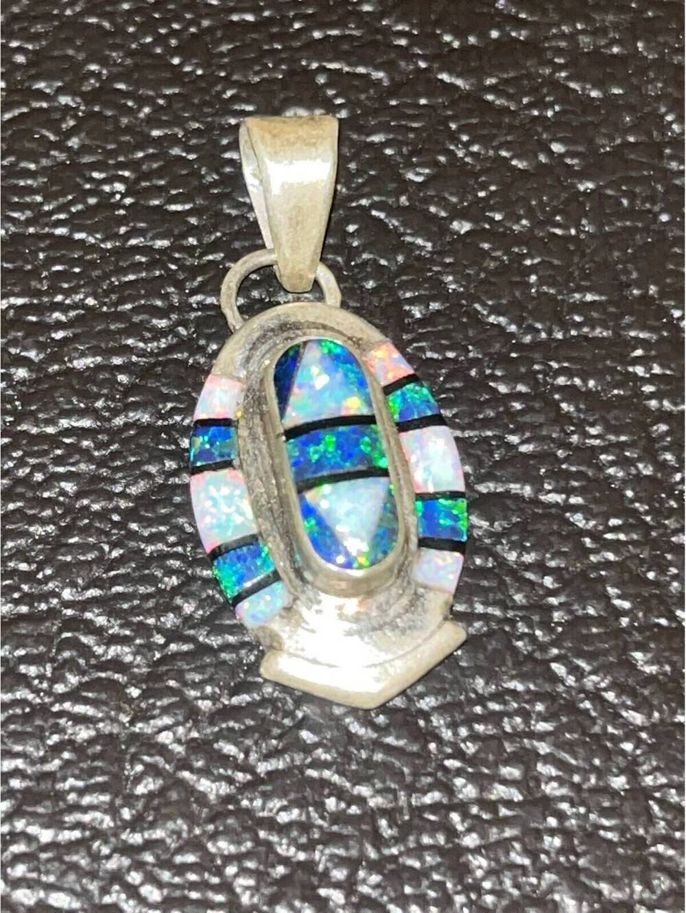 Native American Zuni handmade sterling silver opal pendant inlay